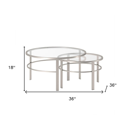 Set of Two 36" Silver Glass And Steel Round Nested Coffee Tables