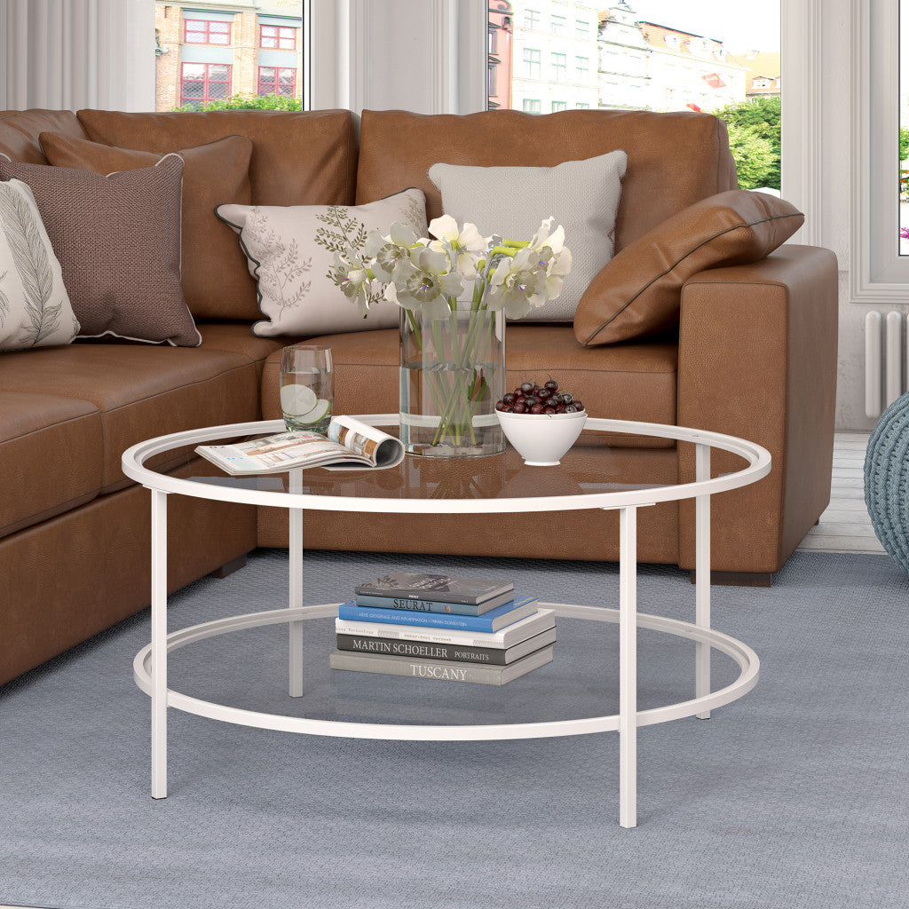 36" White Glass And Steel Round Coffee Table With Shelf