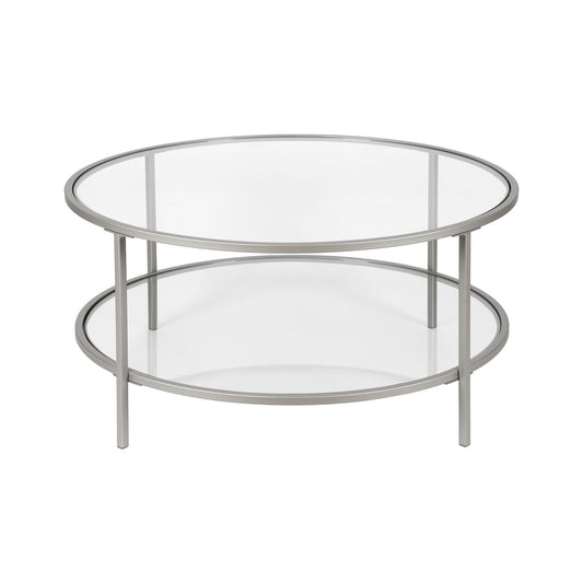 36" Silver Glass And Steel Round Coffee Table With Shelf