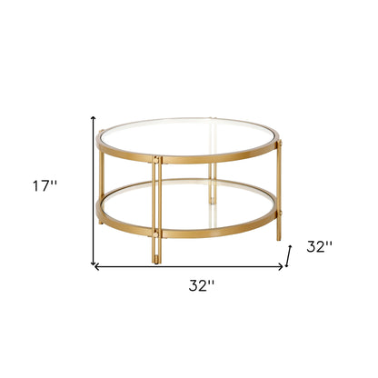 32" Gold Glass And Steel Round Coffee Table With Shelf