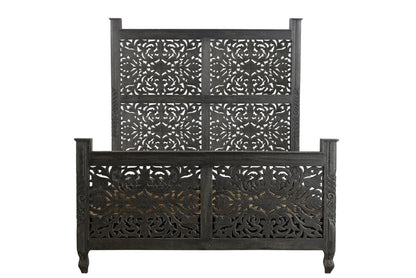Carved Solid Wood Queen Distressed Black Bed
