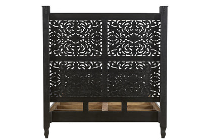 Carved Solid Wood Queen Distressed Black Bed