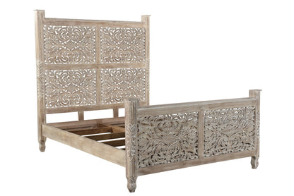Carved Solid Wood Queen Distressed Gray Bed