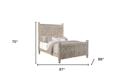 Carved Solid Wood Queen Distressed Gray Bed