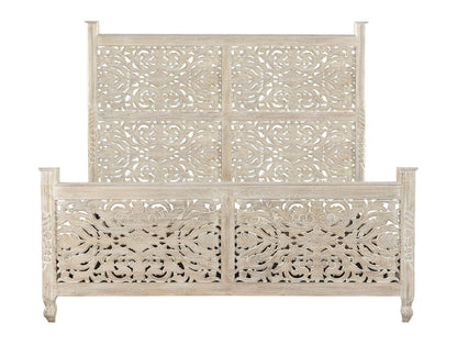 Carved Solid Wood King White Bed