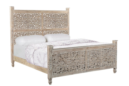 Carved Solid Wood King Gray Bed