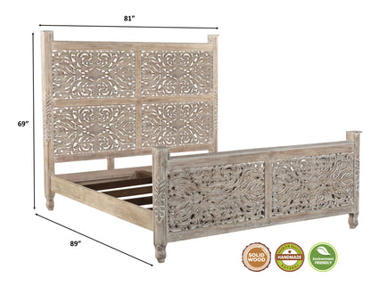 Carved Solid Wood King Gray Bed