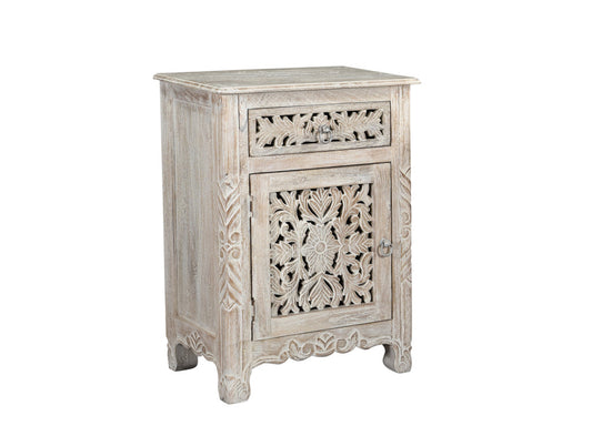 30" Distressed White One Drawer Floral Carved Solid Wood Nightstand