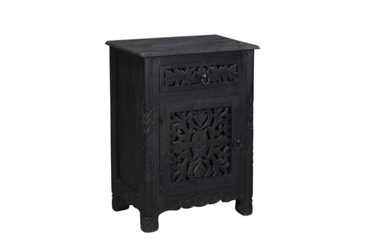 30" Distressed Black One Drawer Floral Carved Solid Wood Nightstand