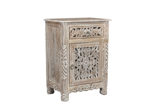 22" Gray One Drawer One Door Floral Carved Nightstand