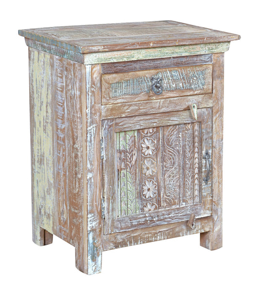 30" Distressed White One Drawer Embossed Floral Solid Wood Nightstand
