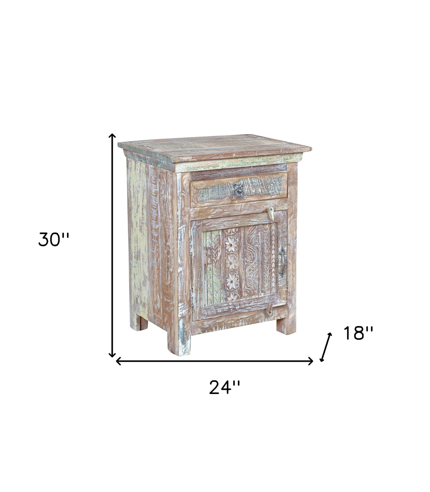 30" Distressed White One Drawer Embossed Floral Solid Wood Nightstand