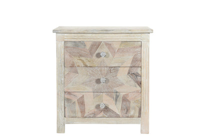 30" Distressed White Three Drawer Geometric Pattern Solid Wood Nightstand