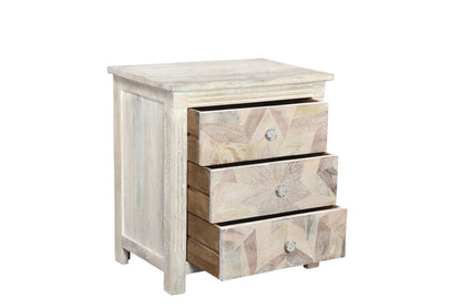 30" Distressed White Three Drawer Geometric Pattern Solid Wood Nightstand