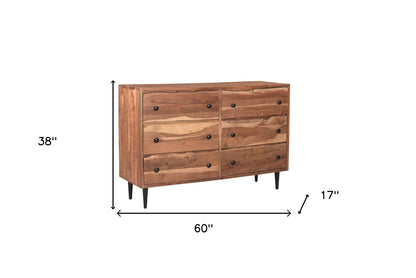 60" Brown Solid Wood Six Drawer Dresser