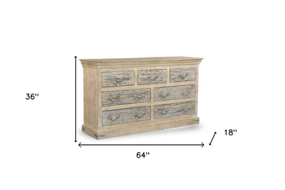 64" White Solid Wood Seven Drawer Double Dresser