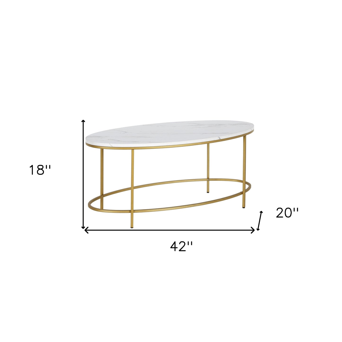42" White And Gold Faux Marble And Steel Oval Coffee Table