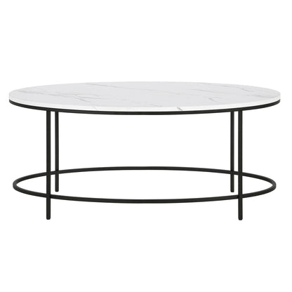 42" White And Black Faux Marble And Steel Oval Coffee Table