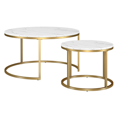 Set of Two 35" White And Gold Faux Marble And Steel Round Nested Coffee Tables