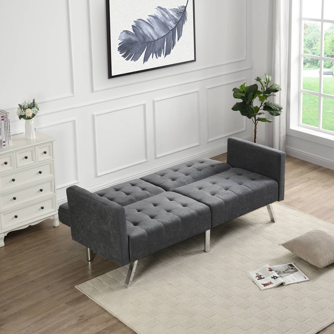 75" Dark Gray Linen And Silver Sleeper Futon Convertible