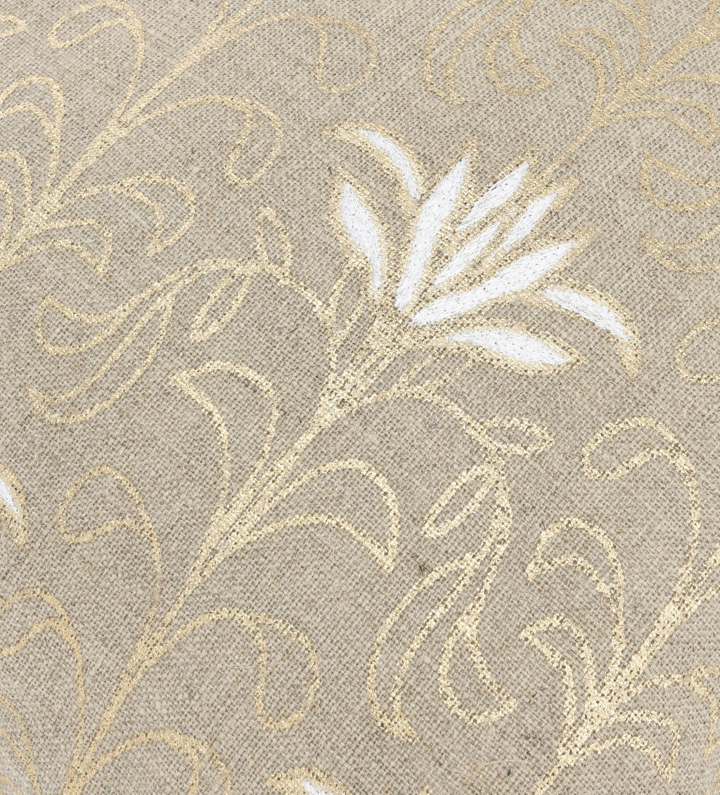 20" X 20" Beige Linen Floral Zippered Pillow