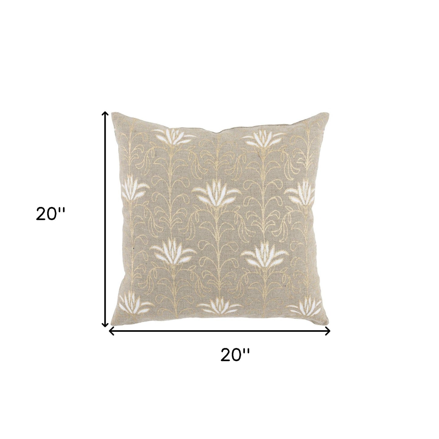 20" X 20" Beige Linen Floral Zippered Pillow