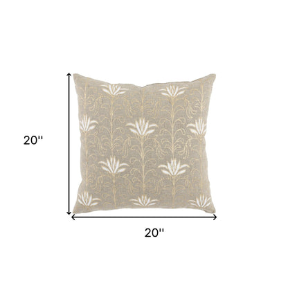 20" X 20" Beige Linen Floral Zippered Pillow