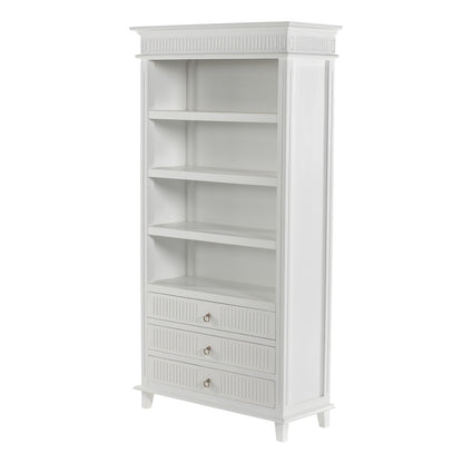 75" Antiqued White Solid Wood Four Tier Standard Bookcase With Three Drawers