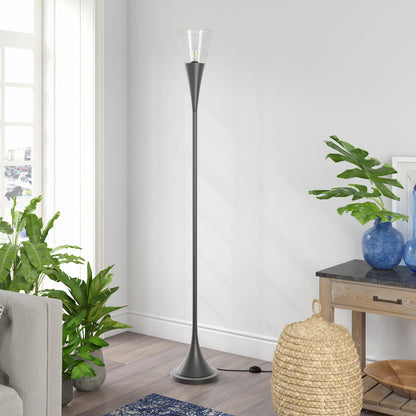 71" Steel Torchiere Floor Lamp With Clear Seeded Glass Cone Shade