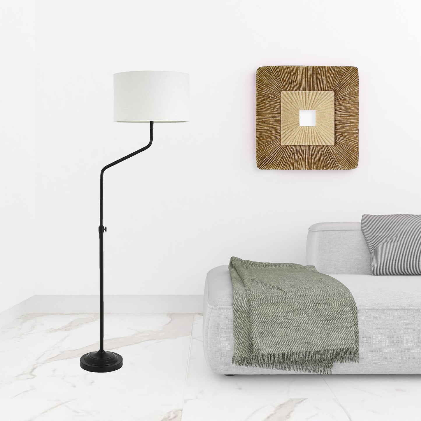 66" Black Adjustable Floor Lamp With White Frosted Glass Drum Shade