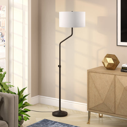66" Black Adjustable Floor Lamp With White Frosted Glass Drum Shade