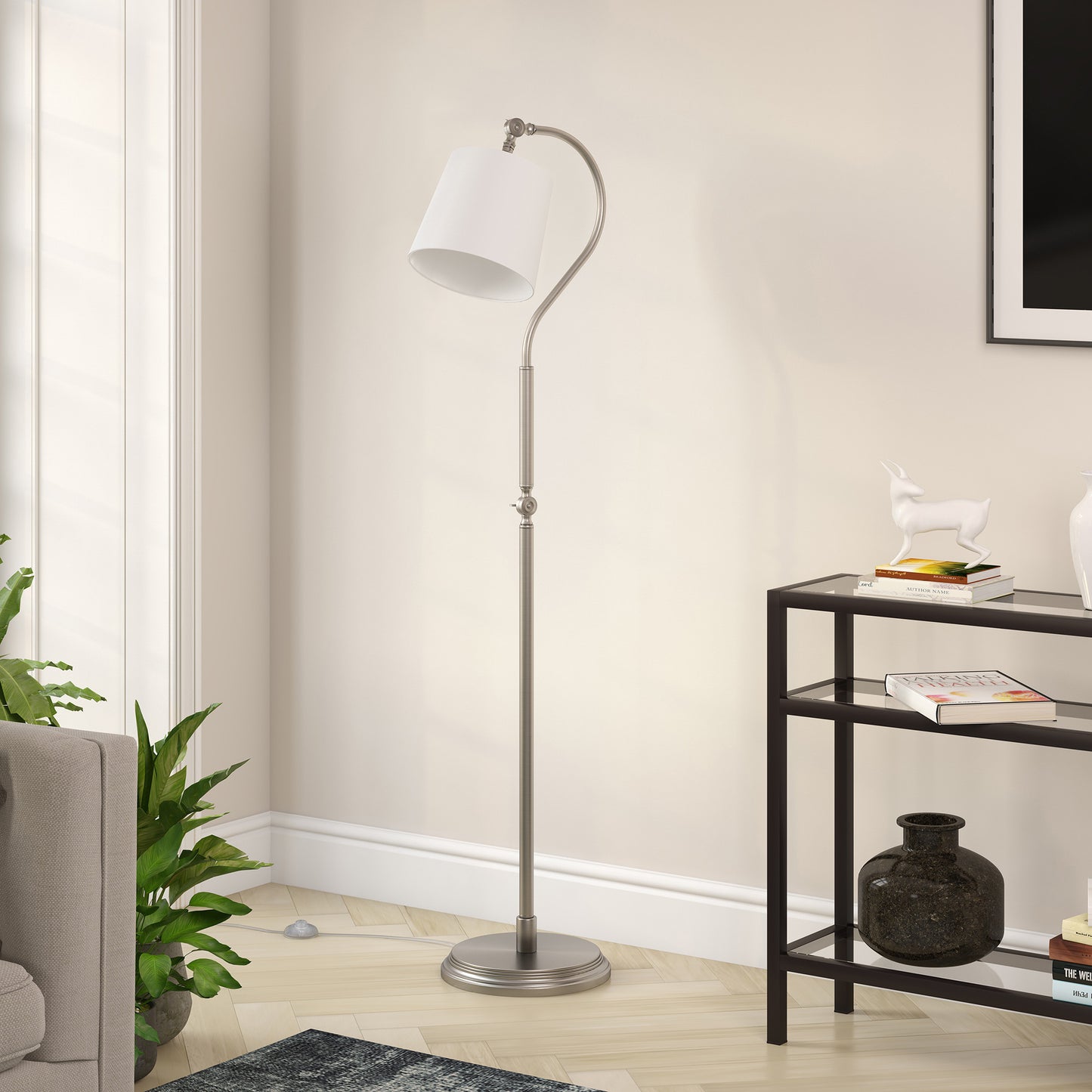 57" Nickel Arched Floor Lamp With White Frosted Glass Drum Shade