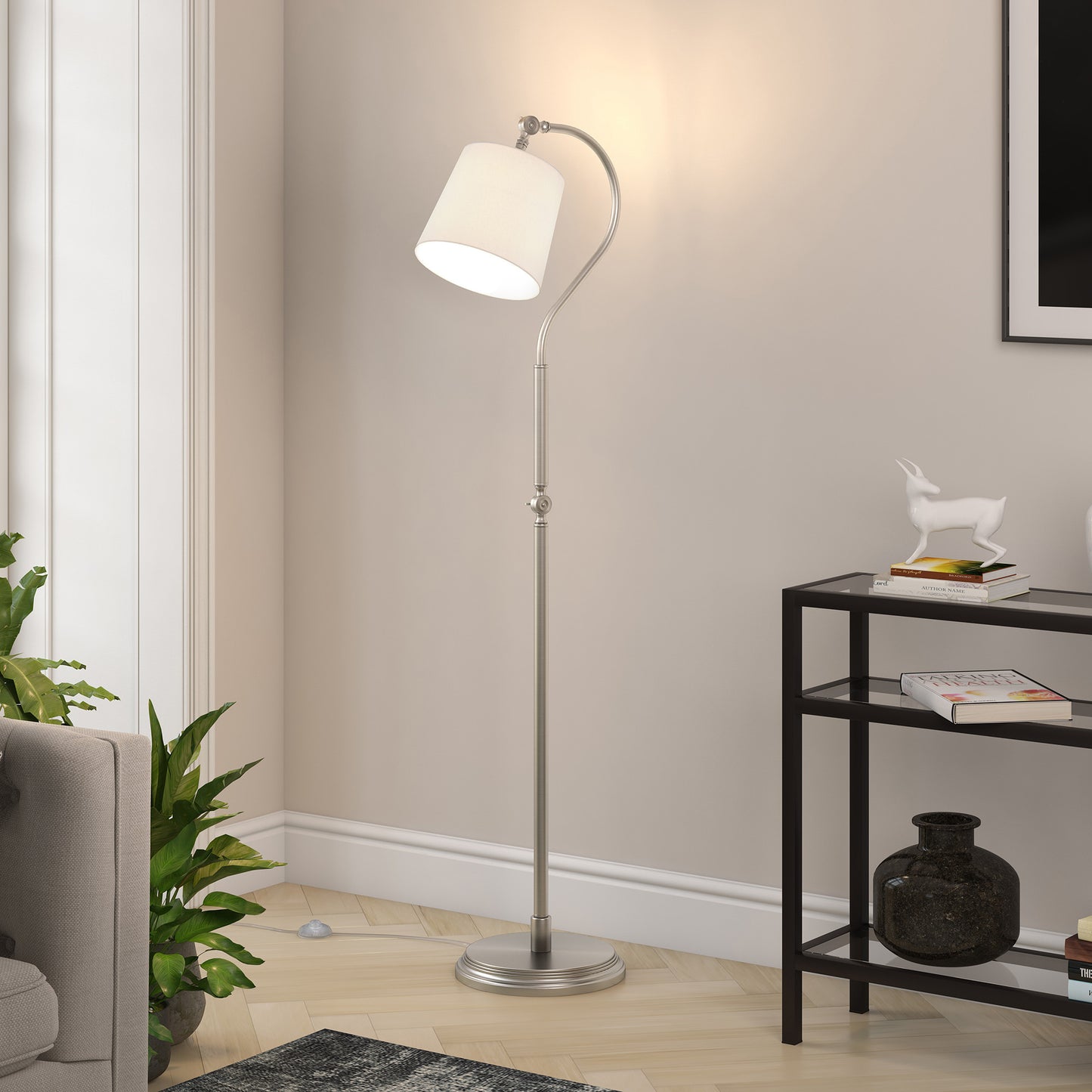 57" Nickel Arched Floor Lamp With White Frosted Glass Drum Shade