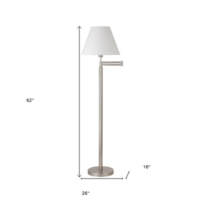 62" Nickel Swing Arm Floor Lamp With White Frosted Glass Empire Shade