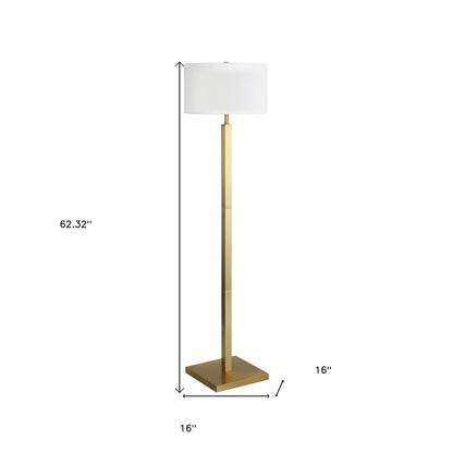 62" Brass Traditional Shaped Floor Lamp With White Frosted Glass Drum Shade