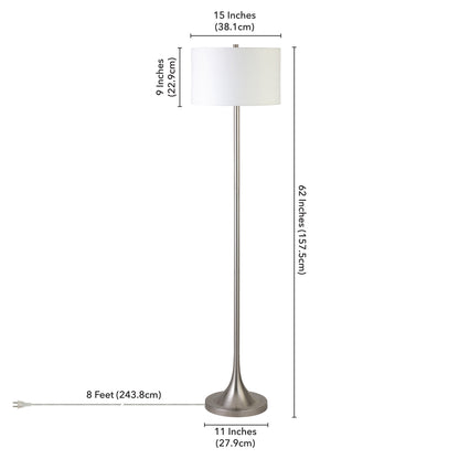 62" Nickel Traditional Shaped Floor Lamp With White Frosted Glass Drum Shade