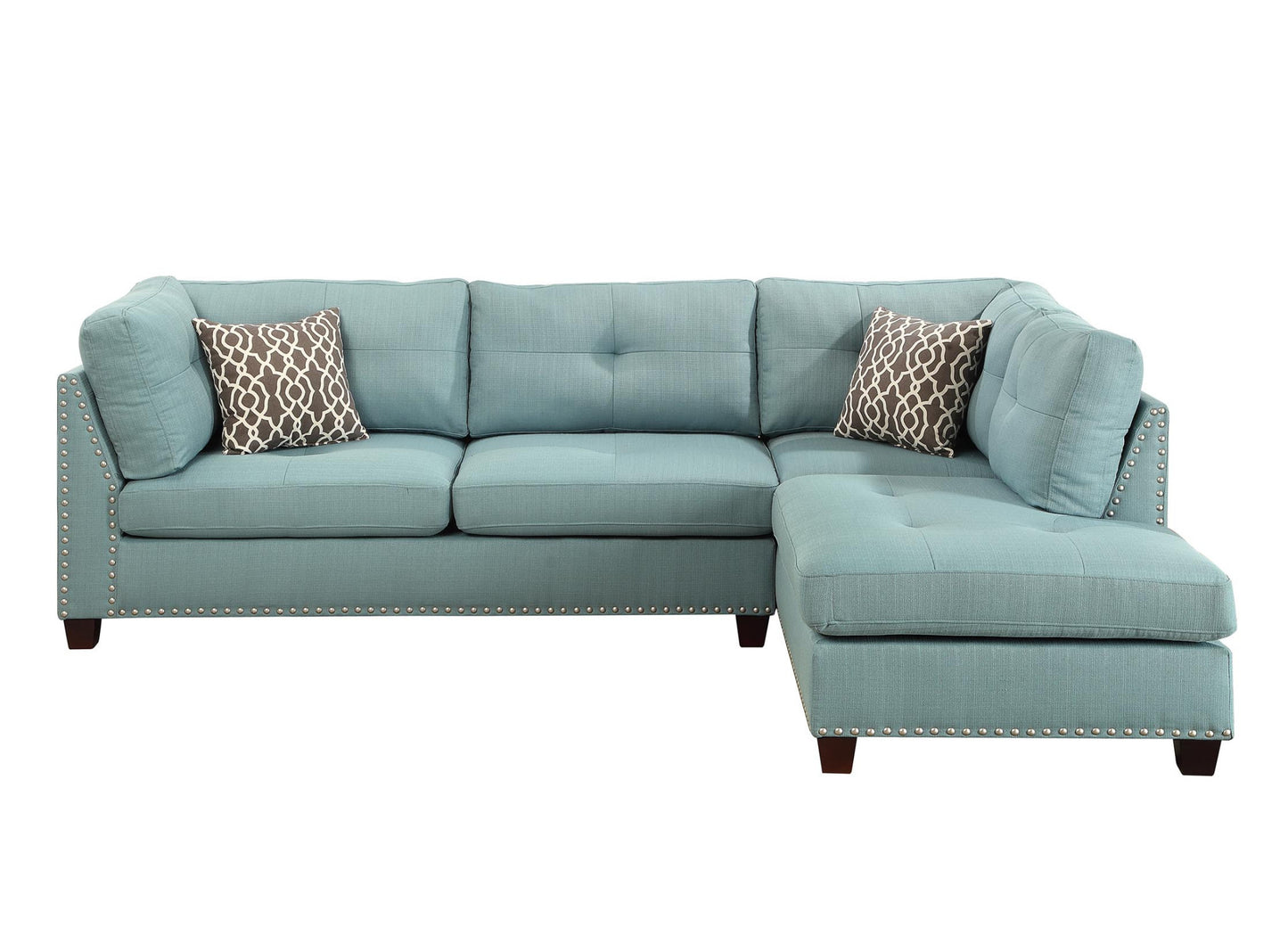 Teal Blue Linen L Shaped Two Piece Sofa and Chaise