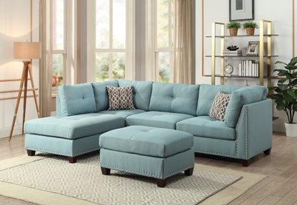 Teal Blue Linen L Shaped Two Piece Sofa and Chaise