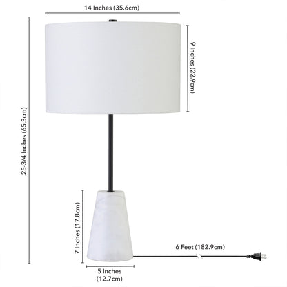 26" Black and White Marble Table Lamp With White Drum Shade