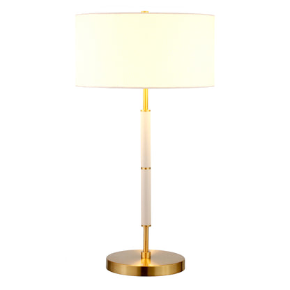 25" Gold and White Metal Two Light Table Lamp With White Drum Shade