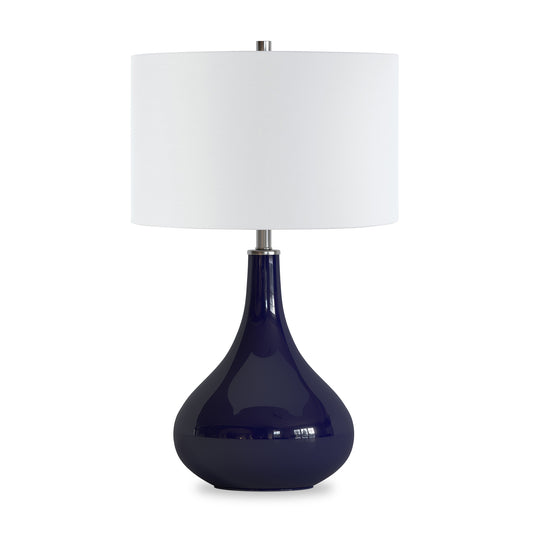 25" Navy Blue Glass Table Lamp With White Drum Shade