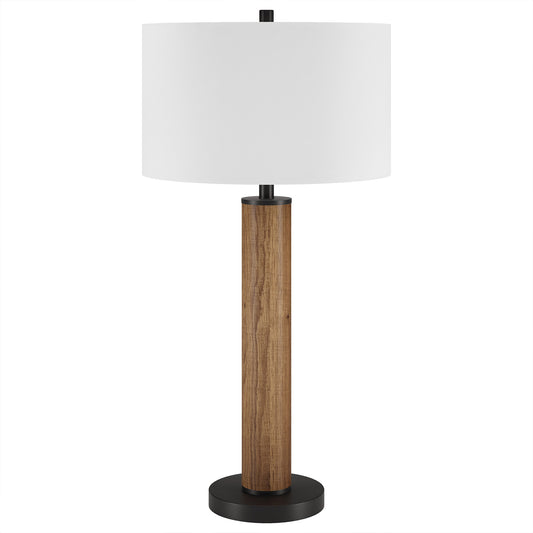 29" Brown and Black Metal Table Lamp With White Drum Shade