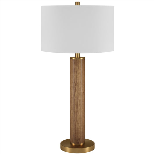 29" Gold and Brown Metal Table Lamp With White Drum Shade