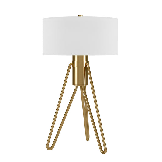 25" Brass Metal Two Light Tripod Table Lamp With White Drum Shade