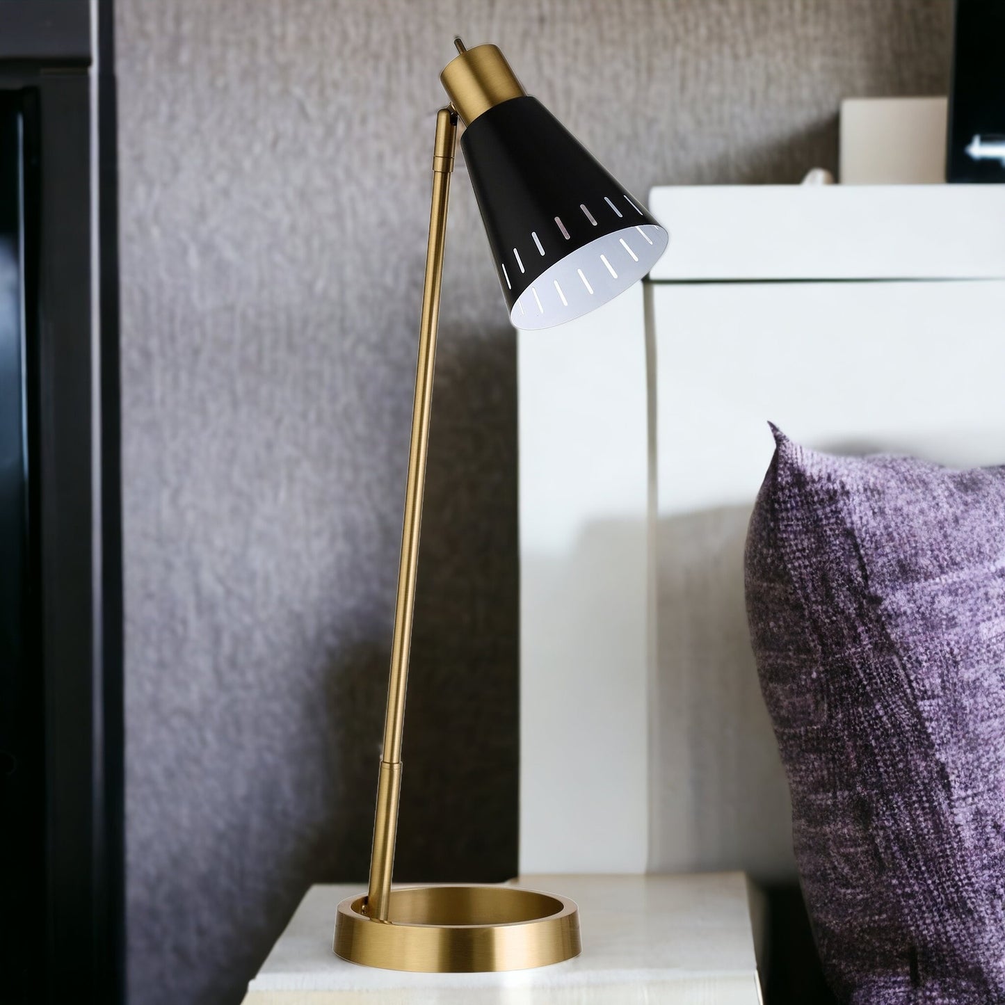 27" Brass Metal Desk Table Lamp With Black Cone Shade