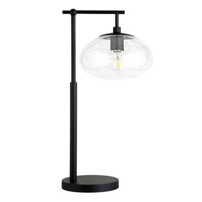 25" Black Metal Arched Table Lamp With Clear Seeded Globe Shade