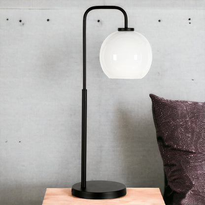 27" Black Metal Arched Table Lamp With White Globe Shade