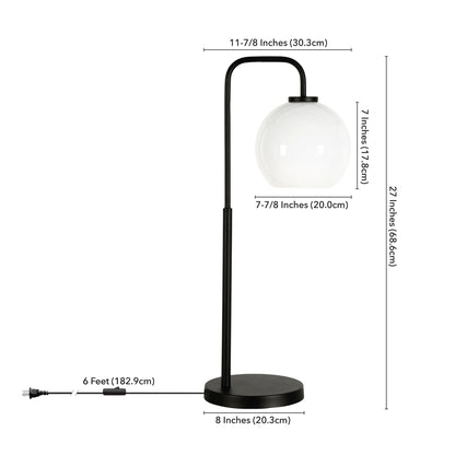 27" Black Metal Arched Table Lamp With White Globe Shade