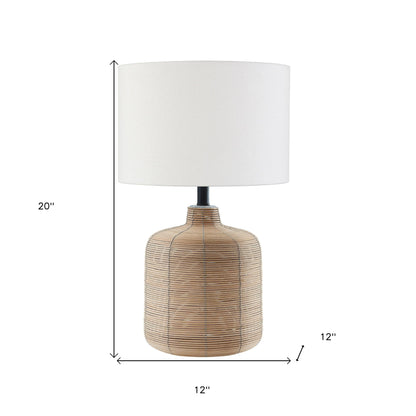 20" Natural Rattan Table Lamp With White Drum Shade