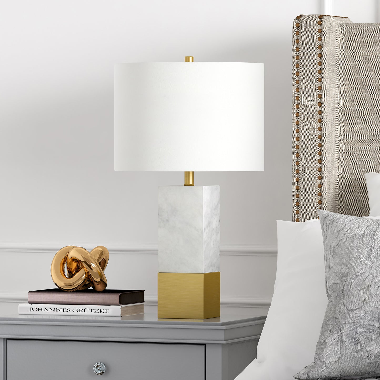 21" Gold and White Marble Table Lamp With White Drum Shade